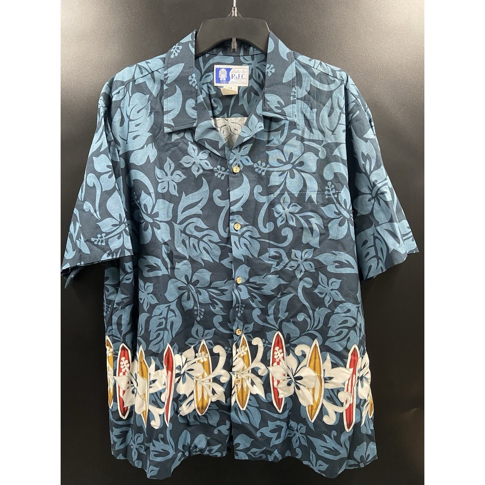 RJC BLUE COTTON FLORAL SURFBOARD HAWAIIAN‎ BUTTON-FRONT ALOHA SHIRT USA Mens XL